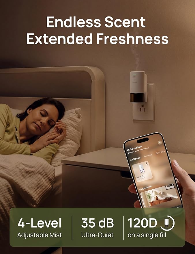 SF101S Pro Smart Plug in Air Freshener for Home, Waterless Essential Oil Diffuser, Aromatherapy Home Diffuser, 120-Day Natural Aroma Mist – Free 30ml Citrus Grove & Spiced Lotus (Sky Blue)