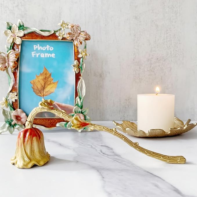 Ginkgo Candle Snuffer, Hand-Painted Metal Candle Extinguisher with Non-Slip Handle, Elegant Decorative Candle Tool for Hanukkah, Christmas, Birthdays (Yellow & Red Ginkgo)