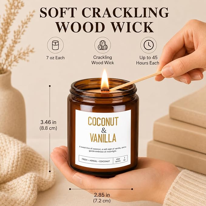 Wood Wick Candles Gift Set, 4 Pack 28 oz Scented Soy Candles, Crackling Wooden Wicks, Amber Glass Jars for Home, Birthday and Housewarming Gifts for Women and Men