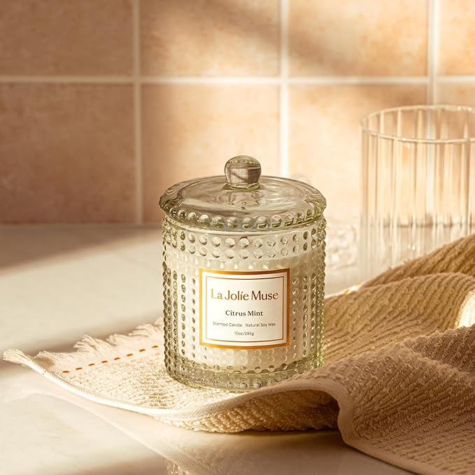 LA JOLIE MUSE Citrus Mint Scented Candle | Eucalyptus, Bergamot & Yuzu | 10 oz Natural Soy Wax | 55 Hours Clean Burn | Cozy Home Décor | Gift for Hosts