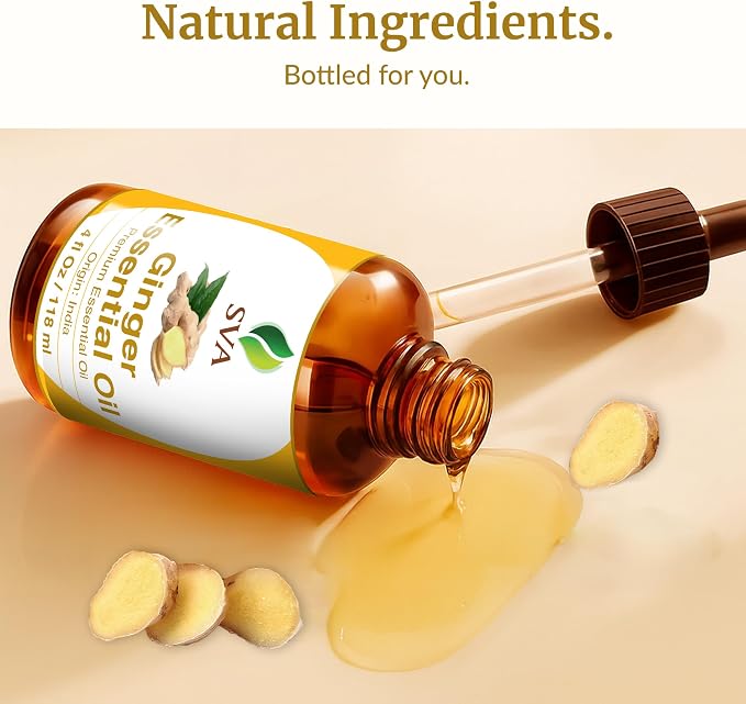 SVA Ginger Essential Oil – 4 Fl Oz – 100% Natural Ginger Oil - for Diffuser, Hair Care, Face, Skin Care, Aromatherapy, Scalp and Body Massage, Soap and Candle Making – with Dropper