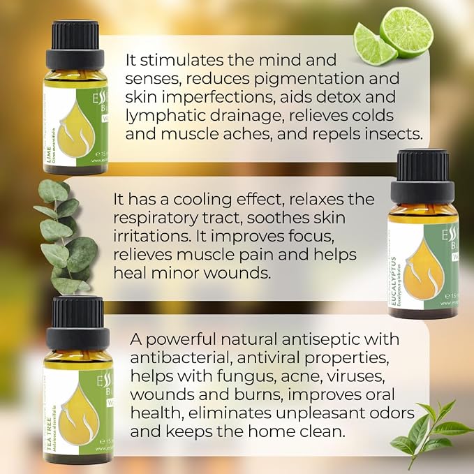 Set Morning Energy Organic Essential Oils | 1.52 Fl Oz | Lime + Tea Tree + Eucalyptus | 100% Pure and Natural | Undiluted | Therapeutic Grade | Non-GMO | (3 pcs x 15 ml)