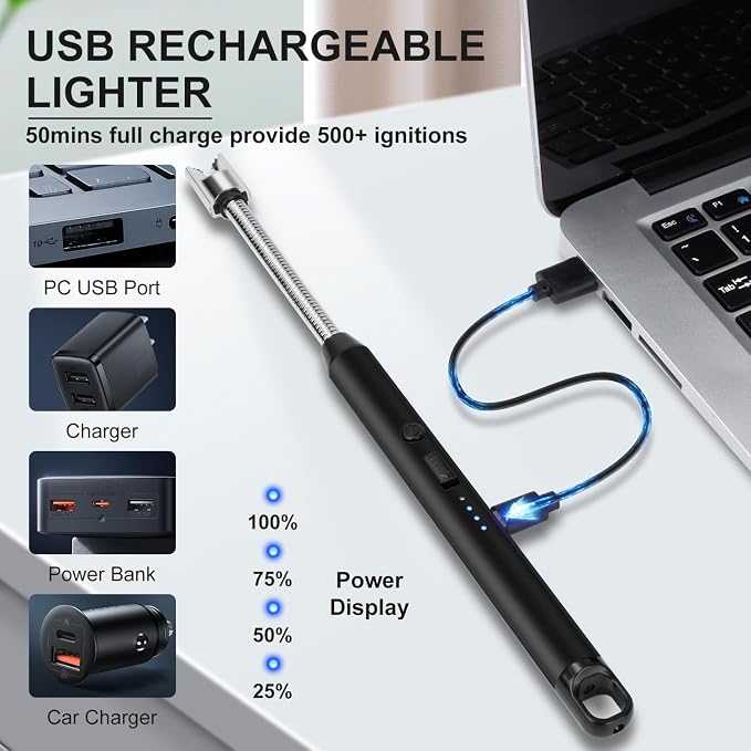 LcFun Candle Lighter with 360° Flexible Neck & Safety Lock, Windproof USB Rechargeable Electric Lighter Gift Sets, Flameless Arc Long Lighters Matches for Grill, BBQ, Camping, Fireplace, Stove