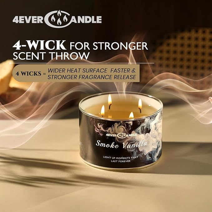 4EVER Scented Candles | 4-Wick 18oz Soy Wax Candle | Up to 50Hrs Clean Burn | Aromatherapy Candles for Home Scented | Gifts for Women & Mom, Smoke Vanilla