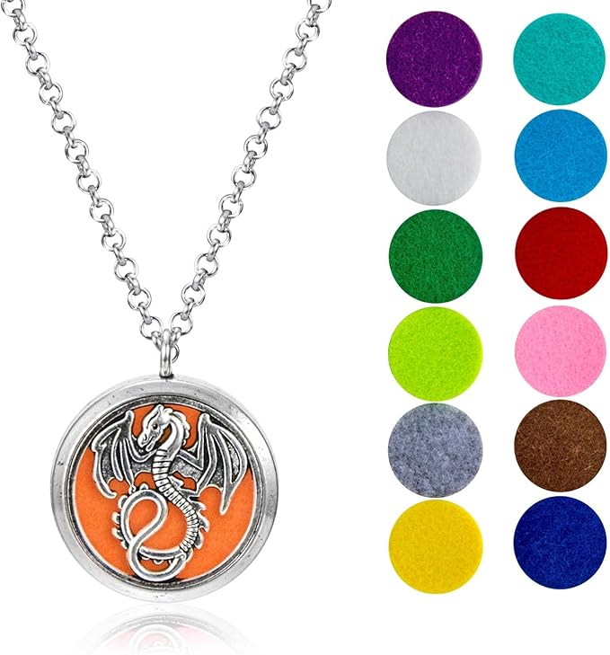 Wild Essentials Mother of Dragons Essential Oil Diffuser Nickel Free Alloy Locket Pendant with 24 inch Chain, 12 Color Refill Pads, Customizable Color Changing Perfume Jewelry for Aromatherapy