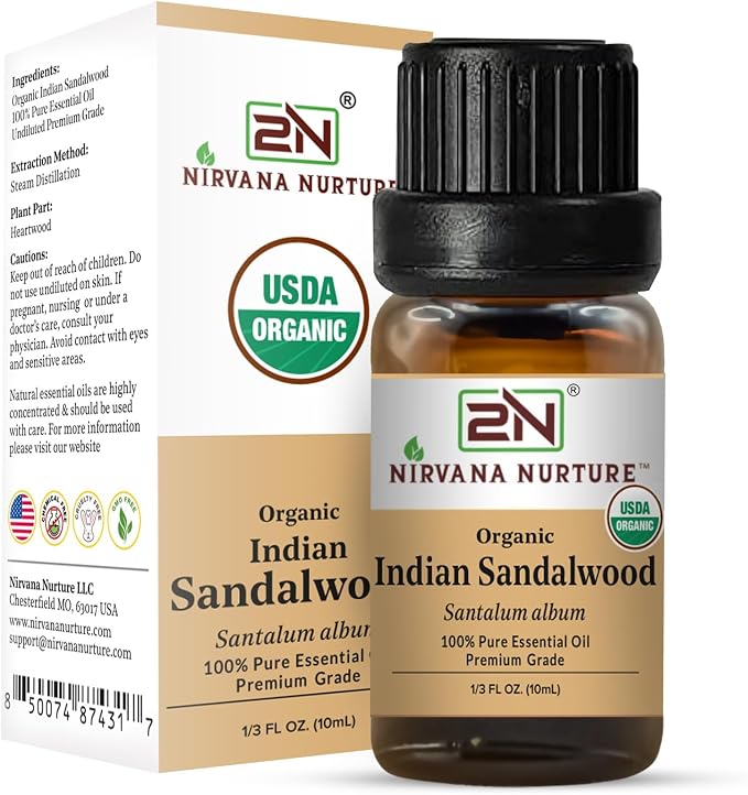 Indian Sandalwood Essential Oil, USDA Certified Organic, 100% Pure Undiluted, Aromatherapy Oil for Diffuser, Hair & Skin Care