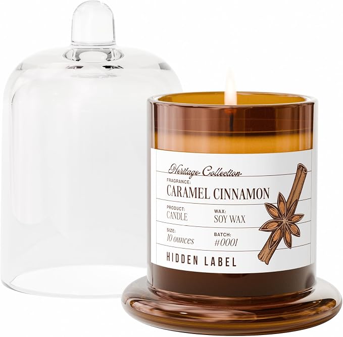 Hidden Label Fall Candles Caramel Cinnamon Scented, 10oz Natural Candles Non Toxic for Home Scented with Clear Bell Jar, Aromatherapy Candle for Spa/Yoga/Meditation & Stress Relief Gifts