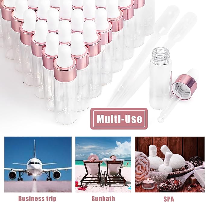 Sample Dropper Bottles, Mini Dropper Bottles with 2 Pcs Plastic Droppers for Traveling Essential Oils DIY Cosmetic Liquid Sample Perfume (Rose Gold, 5ML)