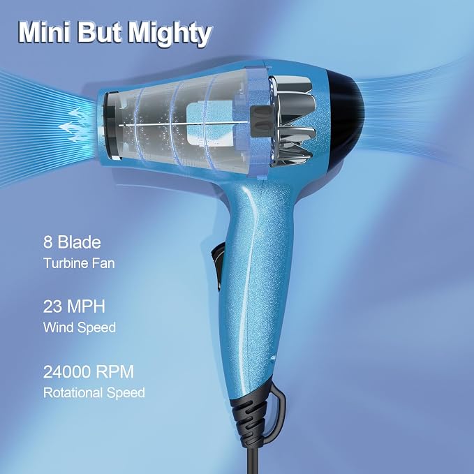LURA Travel Hair Dryer with Diffuser,Small Dual Voltage Hair Dryers for Women,Mini Portable Blow Dryer for Men,Lightweight Compact Blow Dryer with European Plug(Blue)