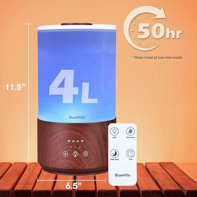 BlueHills Premium 4000 ml Tall Essential Oil Diffuser 4L 4 Liter 50 Hour Run with Remote Timer Aroma Humidifier 1 Gallon Big Capacity High Mist Output for Large Room Lights Dark Wood Grain XL T402