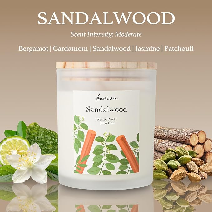 Sandalwood Scented Candle, 11oz 60 Hour Burn, Natural Soy Wax with Thick Cotton Wick, Highly Scented Aromatherapy Candle for Stress Relief & Meditation, Gifts for Women & Men