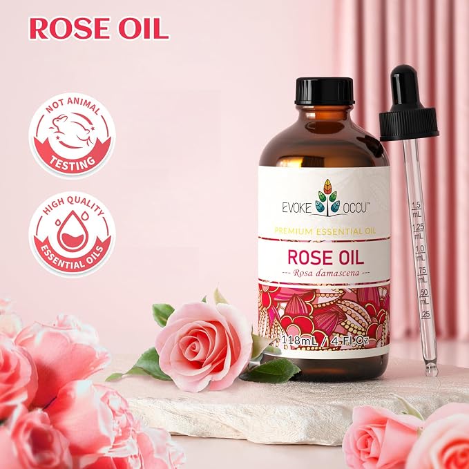 EVOKE OCCU Rose Essential Oil for Skin Care, Relaxation, Home Cleaning, Add to Diffuser and Spary, DIY Candle and Soap - 4 Fl Oz