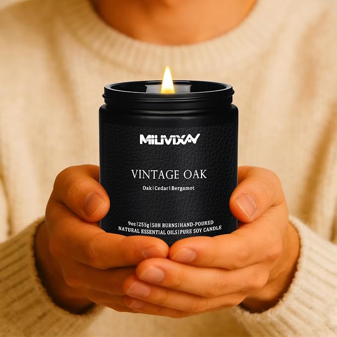 MILIVIXAY Candle for Men Vintage Oak Scented Classic 9oz Jar Single Wick Candle, Soy Wax Candles for Consistent Burn, Over 50 Hours of Burn Time, Ideal for Creating Relaxing & Holiday Gifting.