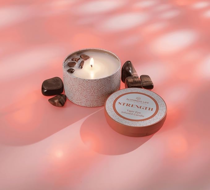Luxury Candle Tin, 6 OZ, Strength - Tiger Eye Crystal Infused - Scents of Cedarwood, Amber, & Sage - Power, Courage, & Expansion - Coconut Wax, Essential Oils, Dr. Developed