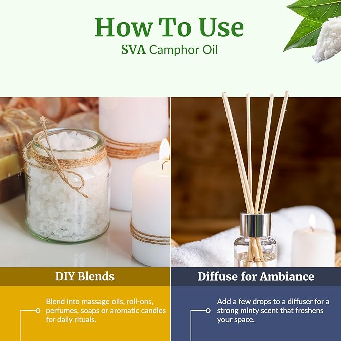 SVA Camphor Essential Oil – 32 Fl Oz – 100% Natural Camphor Oil - for Diffuser, Hair Care, Face, Skin Care, Aromatherapy, Scalp and Body Massage, Soap and Candle Making