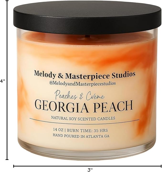Melody & Masterpiece Studios Scented Candle Jar (14.5oz) – Natural Soy Wax Candle Jar with Lid – Long-Lasting 35 Hours Burn Time – Ideal for Backyard, Patio, Decks & Indoor (Georgia Peach).