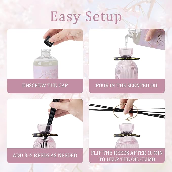 Airkeep Reed Diffuser Set 6.76 oz – Cherry Blossom Decorative Home Fragrance with Eucalyptus Sticks, Ribbed Glass Diffuser for Bathroom & Bedroom Décor, Gift Ready