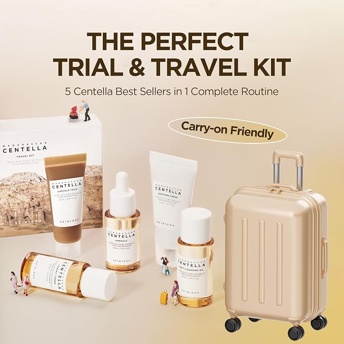 SKIN1004 Centella Travel Kit, Korean Skin Care Set with Toner, Moisturiser, Serum, Cleansing Oil & Cleanser, Travel Size Set with Madagascar Centella, Sensitive Skin, Perfect for Travel Beauty & Gifts