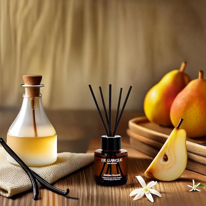 Golden Reverie Scent Aroma Diffuser – Room Scent Diffuser with Essential Oils – Long Lasting Reed Diffuser for Home, Bedroom, or Bathroom – Vanilla & Pear 50ml