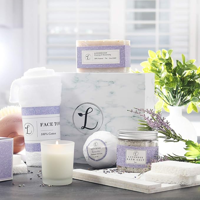 Spa Gift Set 100% Natural, Gift Box Includes: Bath Bomb, Bath Salt, Hand Soap, Scented Candle, Face Cloth and Gift Box. Best Gift for Her. (Lavender)