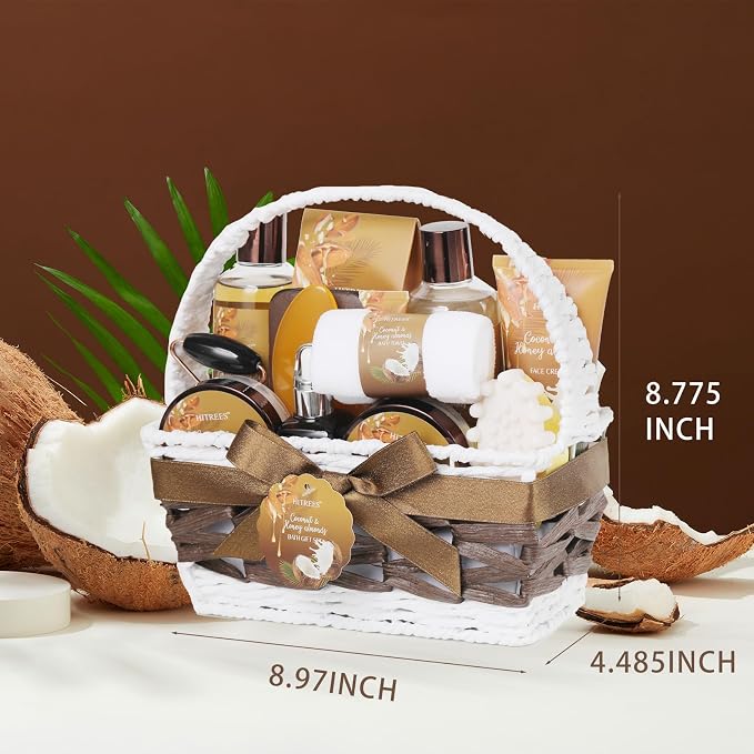 Coconut & Honey Almond Bath and Body Gift Basket Set, 24 Pcs Spa Gift Basket with Lotion, Face Cream, Himalayan Salt, Eye Cream, Facial Serum & More Bath Set Gifts for Girls, Birthday Gifts for Men