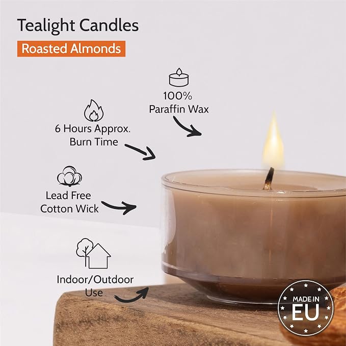 HYOOLA Scented Tealight Candles - Clear Cup - Roasted Almonds Tealight Candles Scented - 6 Hour Burn Time - 15 Pack - European Made