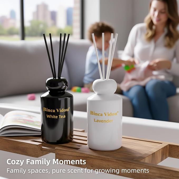 Reed Diffuser Set, Binca Vidou Lavender & White Tea Natural Scent Oil Diffusers with Sticks for Home Office Bathroom Aromatherapy Decor Black&White Series 3.38oz x 2