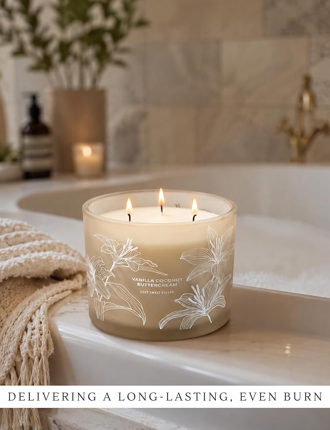 Vanilla Coconut Buttercream Candle | Large 3 Wick Scented Soy Candle for Home | 14.5oz Vanilla Coconut Aromatherapy Candle | Vanilla Cupcake Candle | Long Lasting Clean Burn | Gift for Women & Men