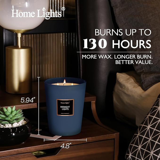 HomeLights Highly Scented Soy Candles Big 33.3 oz for Home. 3 Cotton Wicks, Smokeless Long Lasting 130 hrs in Midnight Lights. 5x6, Great Gift for Women & Men