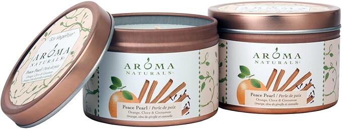 Aroma Naturals Tin Candle with Orange Clove and Cinnamon Essential Oil Natural Soy Scented, Peace Pearl, 2 Count