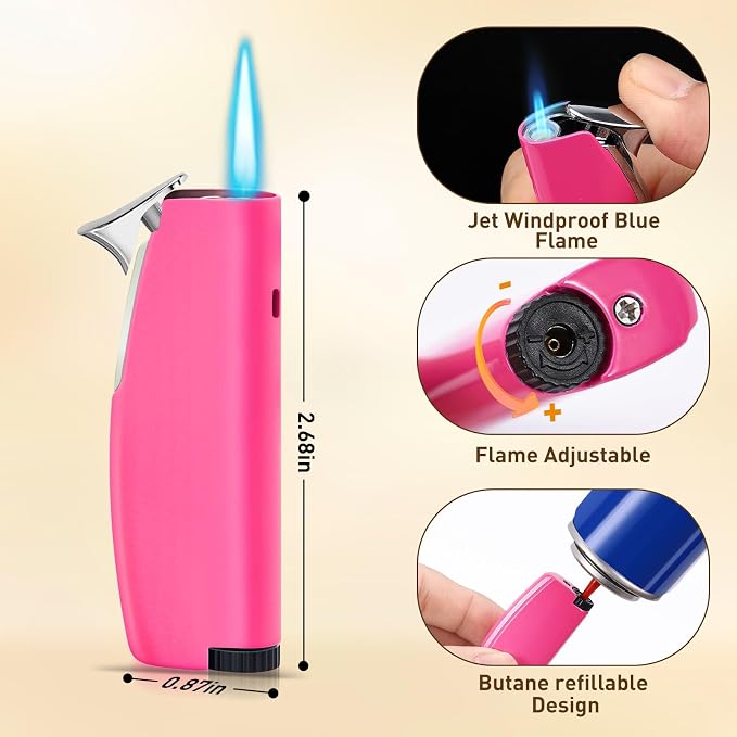 Women's Mini Butane Torch Lighter, Windproof Jet Flame Refillable Adjustable Candle Lighter for BBQ, Camping, Daily Use, Ideal Gift, 2 Pack (Pink, Butane Not Included)