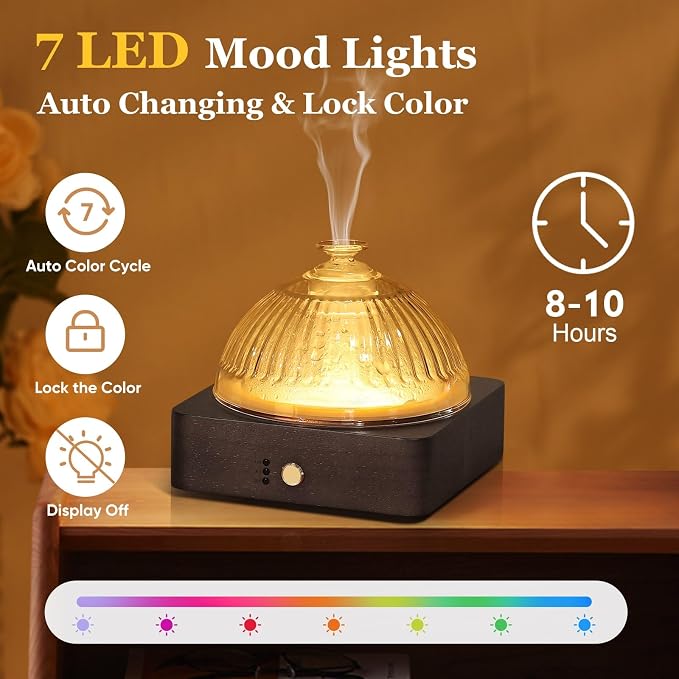 Lecdura Glass Essential Oil Diffuser with Glass Reservoir & WoodBase, 200ml Ultrasonic Lock Color Timer Auto-Off 7 Color Light Aroma Glass Dome Diffuser for Home Office Bedroom Yoga - Dark Brown