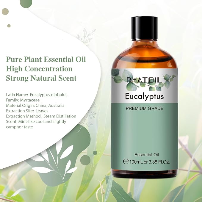 PHATOIL Pure Eucalyptus Essential Oil, 100% Pure Therapeutic Grade Premium Oil for Hair Care, Skin, Aromatherapy 3.38Fl Oz
