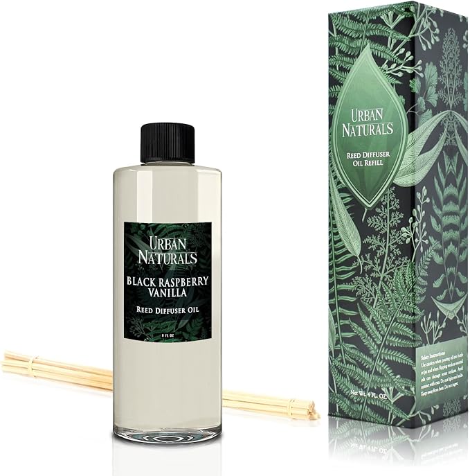 Urban Naturals Reed Diffuser Oil Refill Black Raspberry Vanilla with BlackBerry, Raspberry, Vanilla Orchid, Amber, Sandalwood 8 oz + Free Reed Sticks, Made in the USA