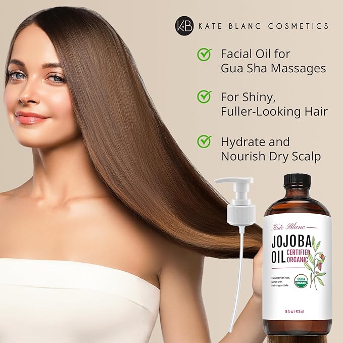 Kate Blanc Cosmetics Jojoba Oil for Hair, Face & Skin. Gua Sha Oil for Face Massage & Dermaplaning (16oz, Organic, 100% Pure, Natural)