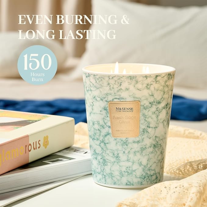M&SENSE Extra Large Candle 35oz 150H FreshSageCitrus Scented Candle,3 Wick Highly Scented Jar Candle, XL Candles Gift for Stress Relief, Meditation, Yoga