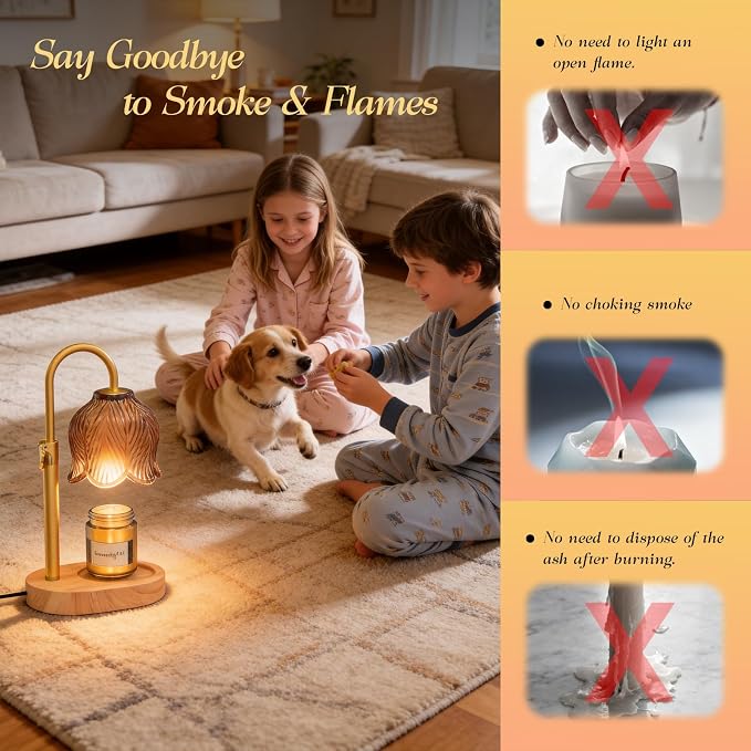 Candle Warmer Lamp with Adjustable Height - Flameless 4-Level Dimmable Wax Warmer, Timer Function & Stylish Design in Multiple Colors (Brown Wooden Base)