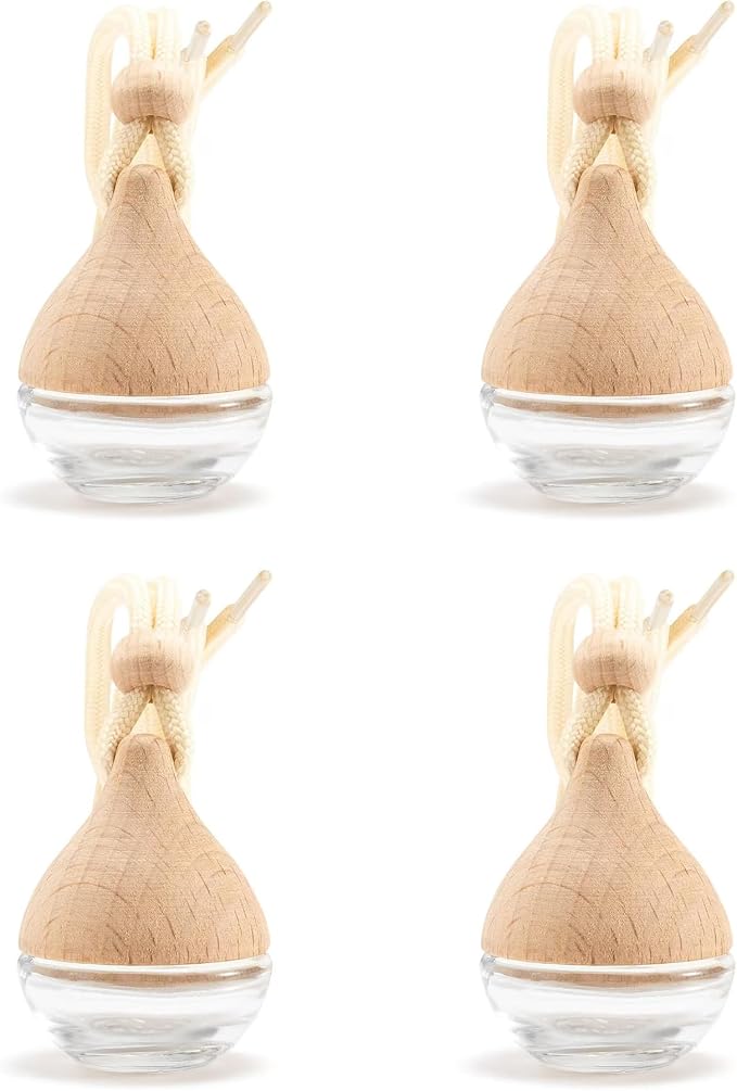 4PCS Refillable Hanging Car Diffuser Empty Glass Bottle Set | Glass vials with wood lids & hanging rope, custom essential oil pendant for car home office
