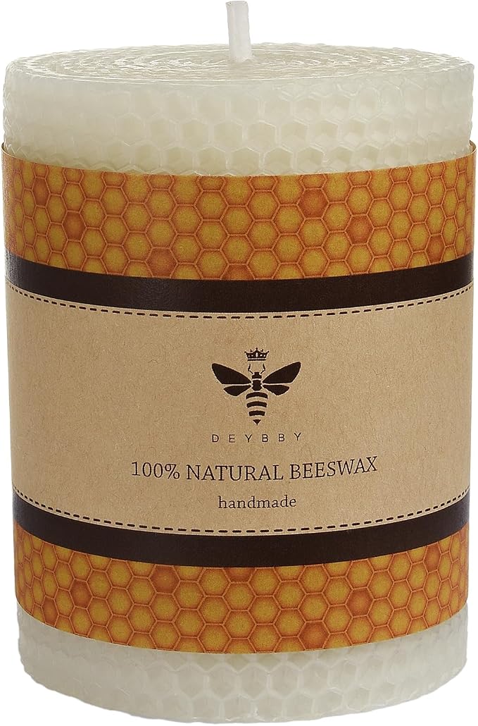 DEYBBY Natural White 3×4 in Beeswax Pillar Candle - Handmade Pure Organic Beeswax Honeycomb Rolled Candle for Home Study Decor Housewarming Gift