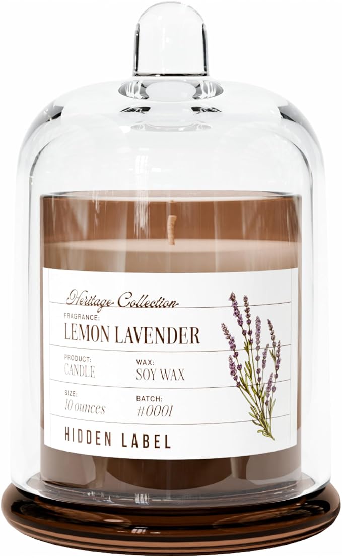 Hidden Label Lemon Lavender Scented Candle - 10oz Non Toxic Candles for Home Scented with Clear Bell Jar, Natural Soy Wax Clean Burning Aromatherapy Candle for Spa/Meditation & Stress Relief Gifts