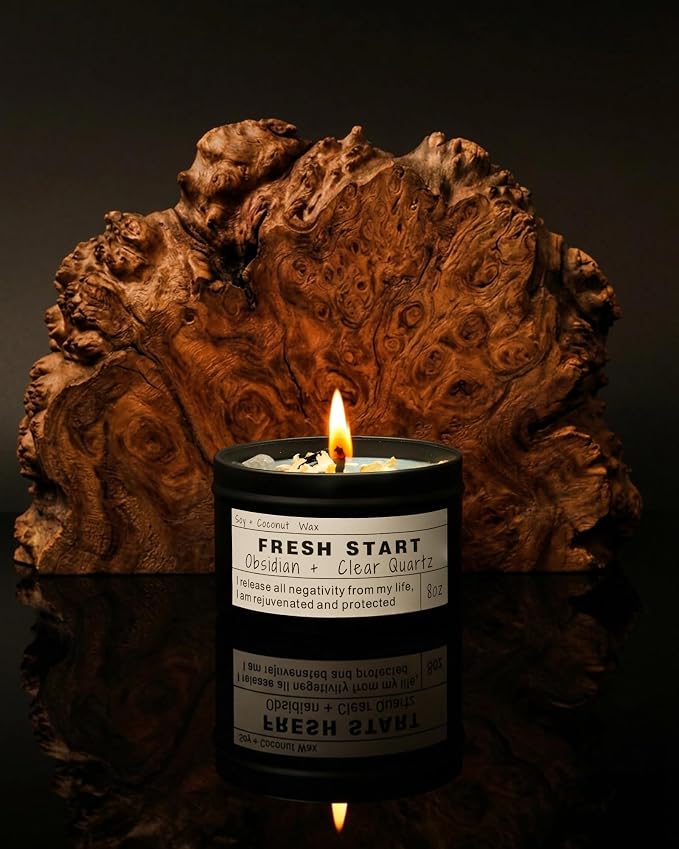 Fresh Start Obsidian, Clear Quartz Candle, Vegan Energy Clearing Ritual, Becoming Your Best Self, Oriental Scent (8oz)