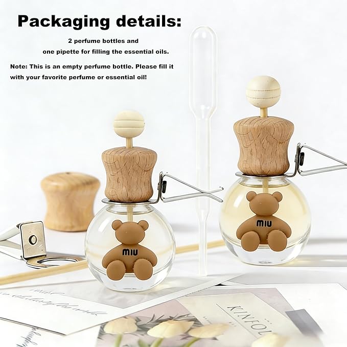 2 Pack Bear Car Vent Clip Diffuser Refillable Empty Glass Bottle | Wood cap glass diffuser with dropper, DIY essential oil freshener for car wardrobe bathroom home
