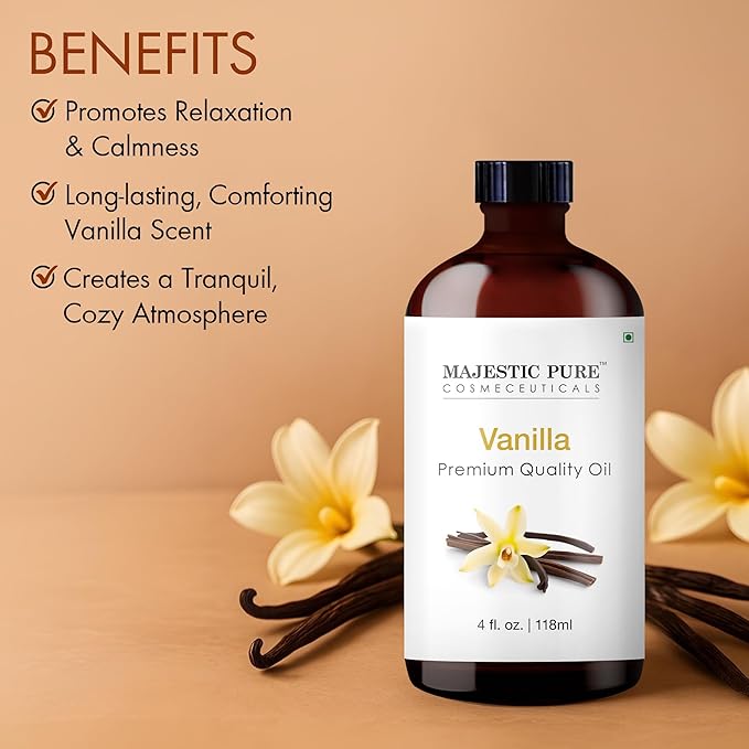 Majestic Pure Vanilla Essential Oil with Glass Dropper - 4 Fl Oz - 100% Pure and Natural Vanilla Oil - Premium Grade Essential Oils for Diffuser, Aromatherapy, Soap and Candle Making
