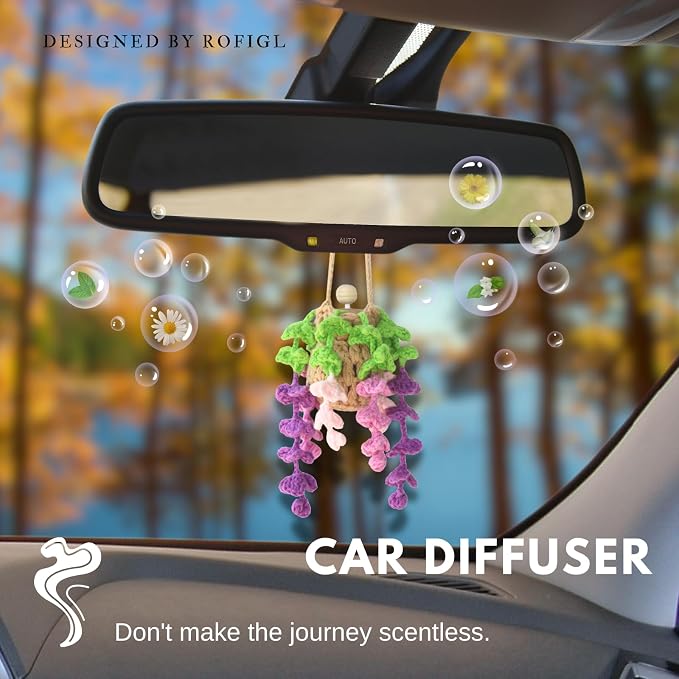 ROFIGL Handmade Crochet Hanging Car Air Freshener - Botanical Wisteria Blossom Design with 12ml Refillable Glass Essential Oil Bottle, Long-Lasting Car Diffuser & Nature-Inspired Decor