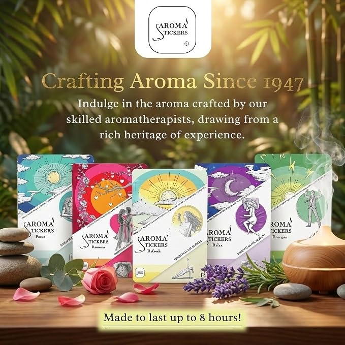 AROMA STICKERS® Original Blend Focus - 100% Natural Essential Oil Scented Stickers for Personal Space - Towels, Blankets, Face Mask & Pillow (Pack of 1, 12 Stickers)