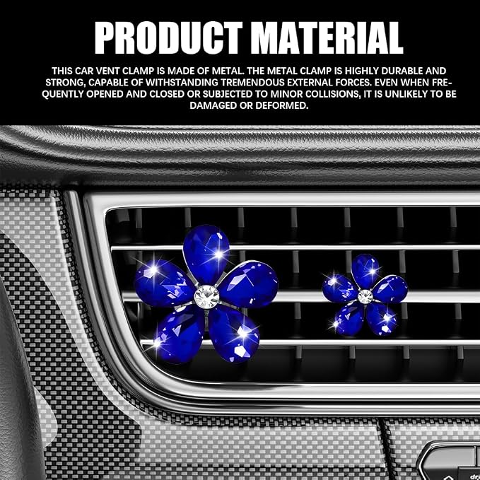5PCS Bling Daisy Flower Car Air Vent Clips, Car Diffuser Vent Clip, Sparkling Crystal Rhinestone Cute Auto Air Conditioning Clamp, Diamond Air Outlet Clip Decor for Women Girls (Blue)