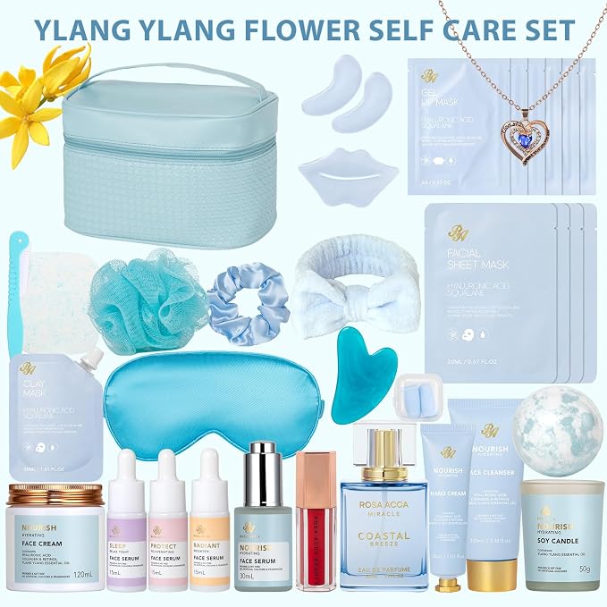 33 Pcs Mother's Day Gift, Hydrating Skin Care Set for Women, Spa & Self Care Gift, Bath & Body Gift Basket Set for Women, Cosmetic Bag, Necklace, Christmas, Birthday, Anniversary, Wife