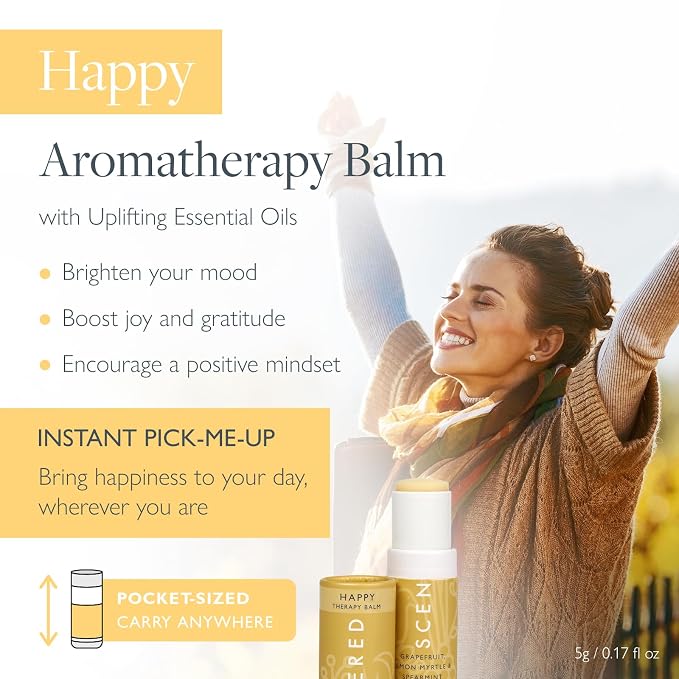 Scentered Aromatherapy Balm Stick - Happy - Mood Boost Roll On Essential Oils Blend for Positive Thinking - Grapefruit, Cedarwood, Lemon Myrtle Essential Oil - Positive Gifts for Women