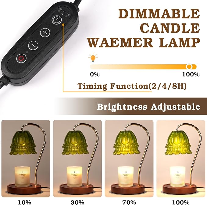 Funistree Flower Candle Warmer Lamp with Timer, Dimmable Candle Lamp Warmer, Christmas Birthday Gifts for Women Mom Her, Housewarming Home Decor, Lotus Wax Warmer for Yankee - Green Flower 10 Inch