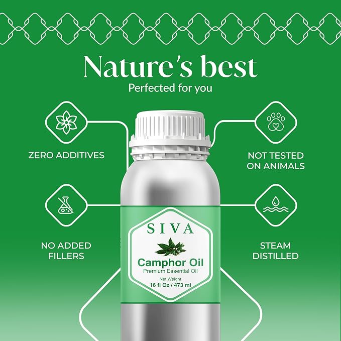Siva Camphor Essential Oil - 16 Fl Oz – 100% Natural Camphor Oil - for Diffuser, Face, Skin Care, Aromatherapy, Hair Care, Scalp and Body Massage